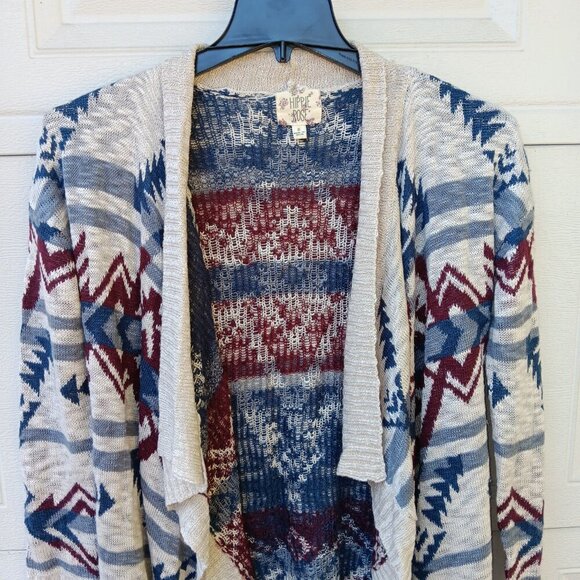 Hippie Rose Aztec Southwestern Open Cardigan Size Small Boho Cream Blue Red - Picture 2 of 4